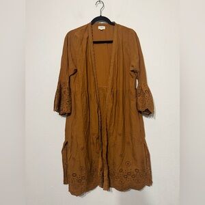 World Market Long Lined Burnt Orange Embroidered Open Front Cardigan Size L/XL